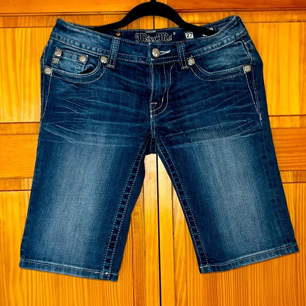 Miss Me Medium Long Denim Shorts with Canvas and Rhinestones Size 27 NWOT